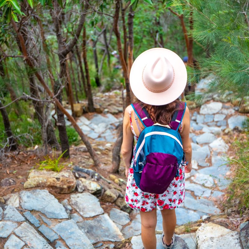 hiker girl in a hat walking down the stairs from the top of mount coolum; hiking famous mount coolum near sunshine coast and glass house mountains, queensland, australia